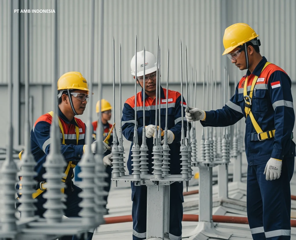 ahli penangkal petir industri sedang penyecekan instalasi anti petir