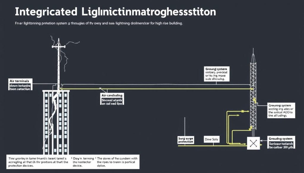 Ilustrasi sistem penangkal petir gedung yang terintegrasi dengan surge protection