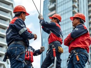 Tim teknisi PT AMB Indonesia sedang melakukan instalasi penangkal petir di gedung tinggi